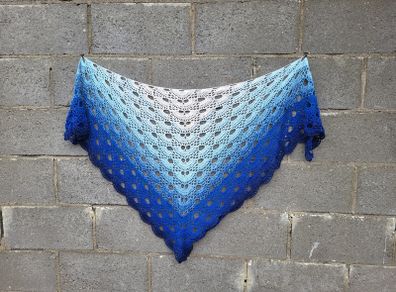 Handmade crochet triangle shawl wrap. Blue and white ombre lacy shawl