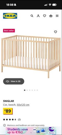 IKEA sniglar cot and baby elegance mattress