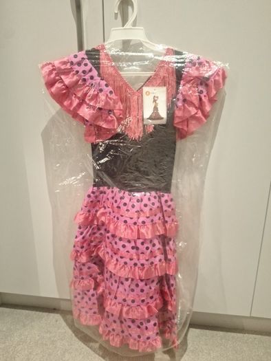 Girls brand new pink Spanish dancer Halloween costume & matching fan - Age 4