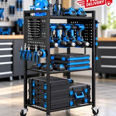 Heavy Duty 4 Tier Tool Organiser Cart with Wheels 150 lbs Rolling Tool Trolley Garage Storage Rack