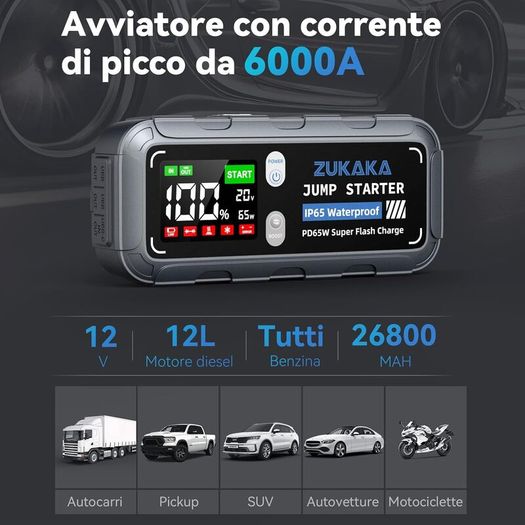 ZUKAKA 6000A Car Jump Starter, 26800mAh Battery, 12V (Gas & Diesel)