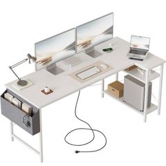 Small L Shaped Desk with Power Outlets,140x70 cm