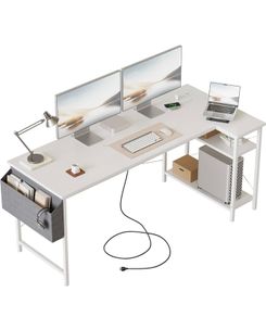 Small L Shaped Desk with Power Outlets,140x70 cm