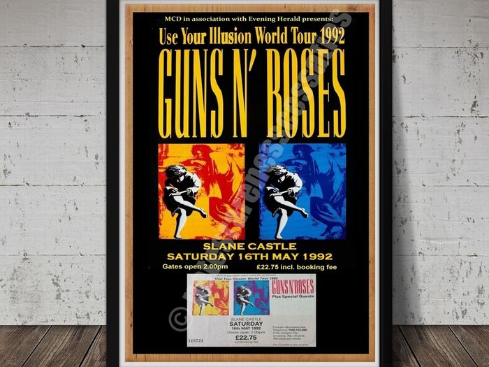 Guns n Roses Slane Castle 1992 concert poster with ticket reproduction print