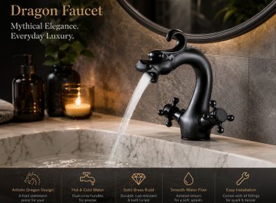 Black Bathroom Faucet Solid Brass Vintage Mixer Tap with Dual Handles Hot & Cold, Matte Black Finish Dragon-Shaped