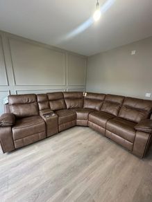 Tan fabric Kingsley Recliner Corner Sofa suite