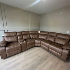 Tan fabric Kingsley Recliner Corner Sofa suite