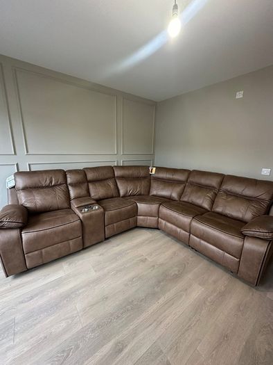 Tan fabric Kingsley Recliner Corner Sofa suite