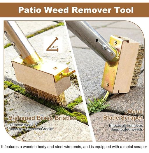 Patio Weed Remover Tool, 160 cm Weed Brush Long Handle, Heavy Duty Patio Scraper & Wire Brush, 3 Different Durable Weeder Tools Heads for Cleaning Block Paving and Driveway