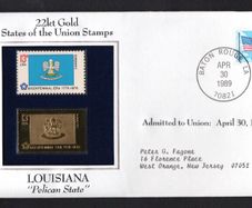 1988 USA Louisiana "Pelican State" 22kt Gold Replica of the 1976 United States Flag Stamps showing 25c US flag definitive tied Baton Rouge, Louisiana (state capital) illustrated cover