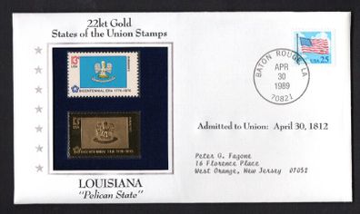 1988 USA Louisiana "Pelican State" 22kt Gold Replica of the 1976 United States Flag Stamps showing 25c US flag definitive tied Baton Rouge, Louisiana (state capital) illustrated cover