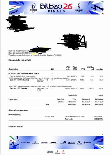 2 tickets for Heineken Chamions Cup Finals weekend in Bilboa