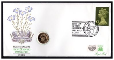 1986 Northern Ireland Royal Mint First Day of Issue of UK1 Coin with Uncirculated UK1 coin cancel tied UK1 definitive Stamp PNC (philatelic Numismatic Cover).