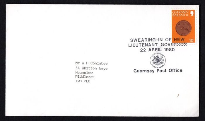 1980 Guernsey Swearing-in of New Lieutenant Governor 22nd April 1980 Cancel tying 10p definitive (showing one new pence coin) definitive Stamp on plain cover