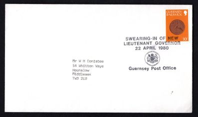 1980 Guernsey Swearing-in of New Lieutenant Governor 22nd April 1980 Cancel tying 10p definitive (showing one new pence coin) definitive Stamp on plain cover