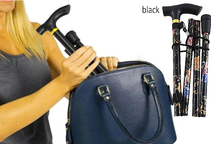 Folding Walking Stick, Floral Black