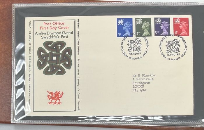 Collection of 38 Stamp First Day Covers, 1872-75 housed in Royal Mail small album with good range and including definitive values plus regionals. 38 images of contents
