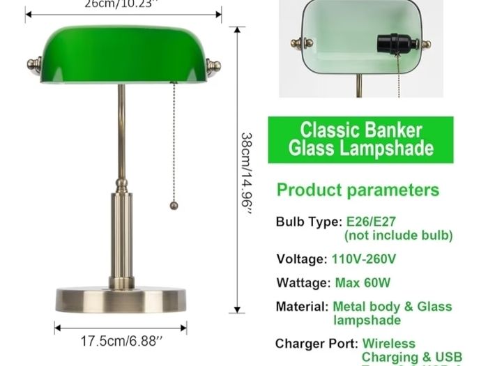 Bankers Office Desk Lamp, Vintage Green Glass Table Lamp with Brass Base, Classic Retro Light with Wireless Charging&USB Port