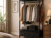 Industrial Open Wardrobe Rail with Drawers Black Steel Clothes Storage Unit
