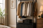 Industrial Open Wardrobe Rail with Drawers Black Steel Clothes Storage Unit