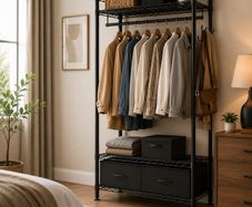 Industrial Open Wardrobe Rail with Drawers Black Steel Clothes Storage Unit