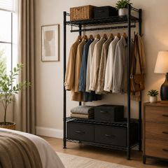 Industrial Open Wardrobe Rail with Drawers Black Steel Clothes Storage Unit