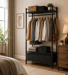Industrial Open Wardrobe Rail with Drawers Black Steel Clothes Storage Unit