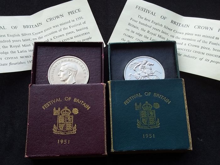 1951 Festival of Britain Crown Coins,- Complete Matching Pair ( Maroon and Teal Sets )