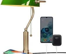 Bankers Office Desk Lamp, Vintage Green Glass Table Lamp with Brass Base, Classic Retro Light with Wireless Charging&USB Port