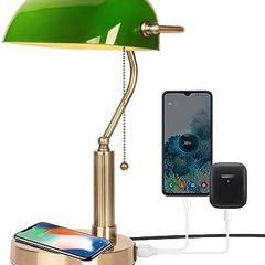 Bankers Office Desk Lamp, Vintage Green Glass Table Lamp with Brass Base, Classic Retro Light with Wireless Charging&USB Port