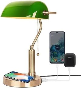 Bankers Office Desk Lamp, Vintage Green Glass Table Lamp with Brass Base, Classic Retro Light with Wireless Charging&USB Port