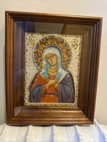 Beautiful handpainted and embroidered icon of the Virgin Mary