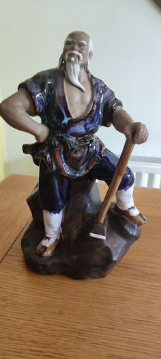 Vintage Shiwan Mud Man. Axe Man. 10" Tall Excon Chinese Ornament