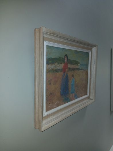 Oil on board painting Woman and child on Rush beach