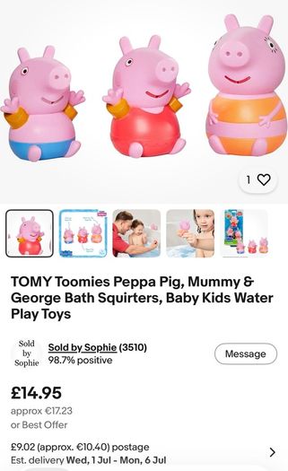 TOMY Toomies Peppa Pig, Mummy & George Bath Squirters, Baby Kids Water Play Toys