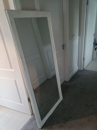 Large white, baroque style, ornate full length mirror