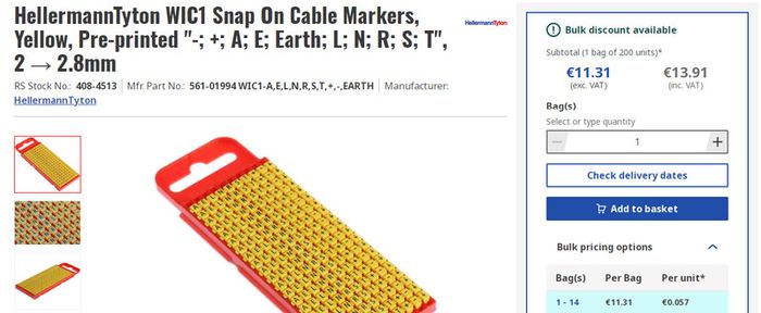 HellermannTyton WIC1 Snap On Cable Markers, Yellow, Pre-printed -; +; A; E; Earth; L; N; R; S; T, 2 -> 2.8mm