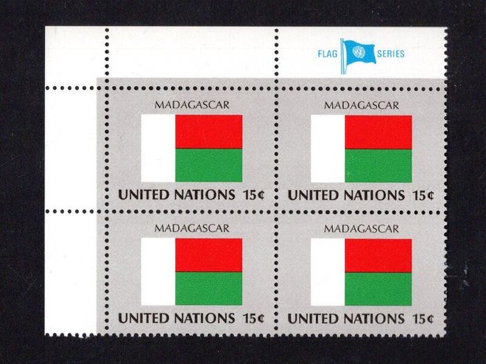 1980 United Nations New York Madagascar National Flag (part of flag series) Block of 4 Mint Never Hinged (MNH)