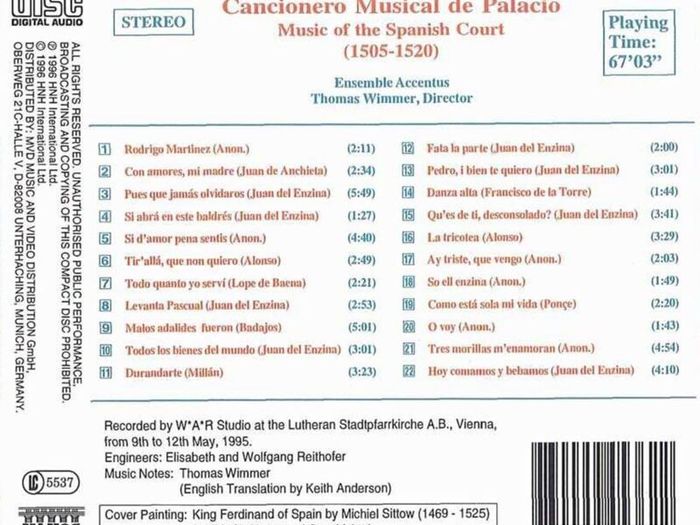 Cancionero Musicade Palacio. Music of the Spanish Court. CD. Free Postage!