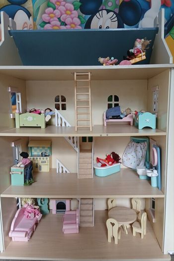 Doll house, furniture and dolls