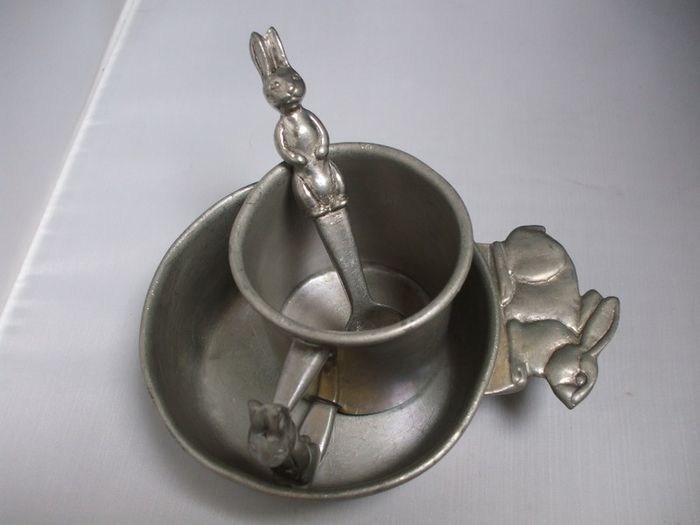 SALE!  WOODBURY PEWTERERS - Vintage Pewter Bunny Rabbit Bowl, Mug and Spoon Set