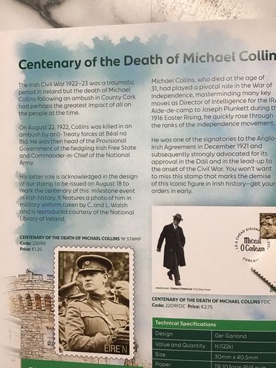 Michael Collins 2022 Centenary Stamp, Strip of 4 with sheet header and An Post Collector Booklet 2022