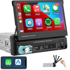 Single Din Car Stereo with Apple Carplay Android Auto,7 Inch HD Manual Retractable Touch Screen Bluetooth Car Radio with FM Radio Phone Mirror Link, USB/TF/AUX Input, Remote Control + Backup Camera