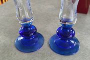 Vintage set of 2 Duiske Irish Handcut Glass Cobalt Blue/Clear Etched Vine Candle Holder
