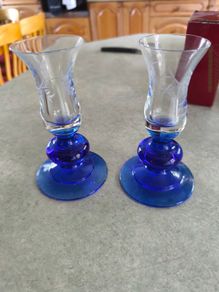Vintage set of 2 Duiske Irish Handcut Glass Cobalt Blue/Clear Etched Vine Candle Holder