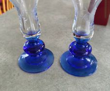 Vintage set of 2 Duiske Irish Handcut Glass Cobalt Blue/Clear Etched Vine Candle Holder