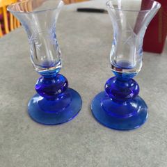 Vintage set of 2 Duiske Irish Handcut Glass Cobalt Blue/Clear Etched Vine Candle Holder