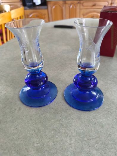Vintage set of 2 Duiske Irish Handcut Glass Cobalt Blue/Clear Etched Vine Candle Holder