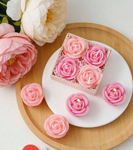 Beautiful Rose-Shaped Candle Set in Wood Box - Perfect Gift