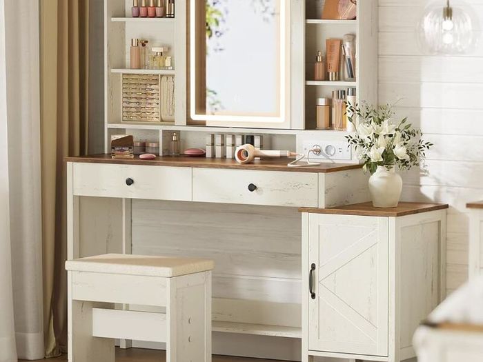 Vintage Dressing Table with Mirror and Lighting with Stool 2 Drawers, Jewellery Storage